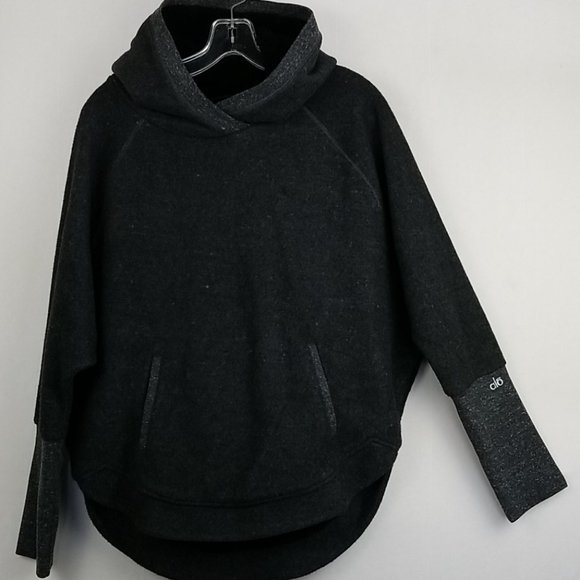 Alo Yoga Charcoal Gray Sherpa Hoodie Curved Hem Sweatshirt Size Medium - Picture 2 of 13